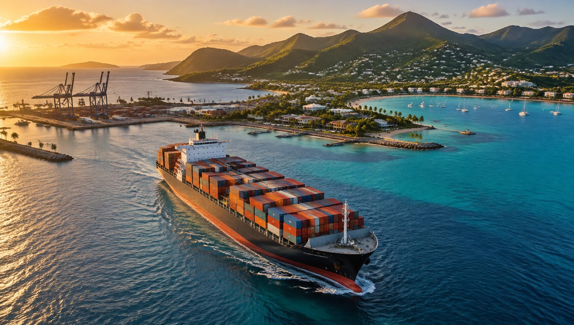 Container ship leaving a Caribbean port at sunrise